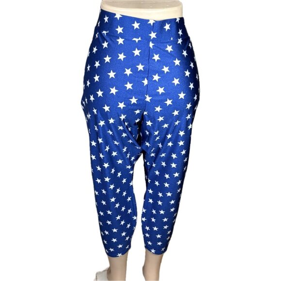 DC Comics +4 Blue Stretch Waist Wonder Woman Star Liquid Knit Crop Leggings - Picture 4 of 6